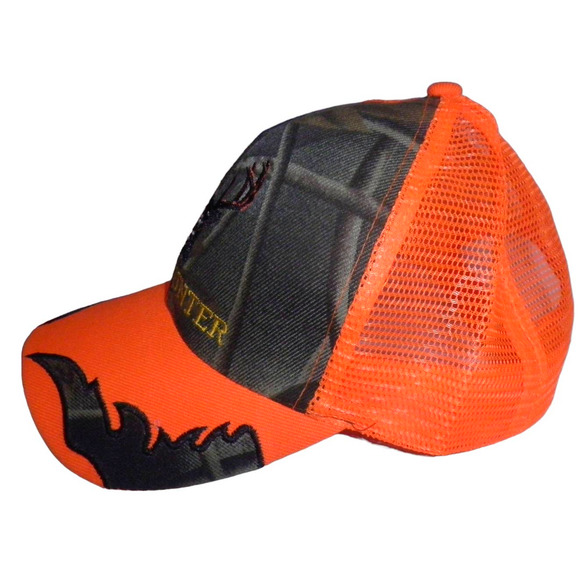 Embroidered Deer Hunter Ball Cap, Orange Mesh, Camo Front, Snapback Trucker Hat - Picture 2 of 4
